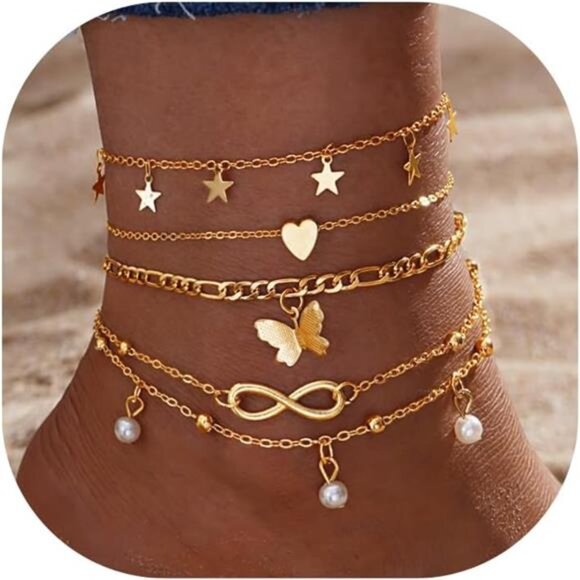 Gold Ankle Bracelets for Women 14k Gold Plated Cuban Link Pearl - Picture 1 of 7